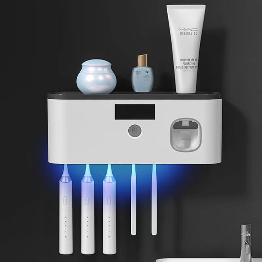 Intelligent UV Toothbrush Sterilizer – Wall-Mounted Holder with Automatic Toothpaste Dispenser