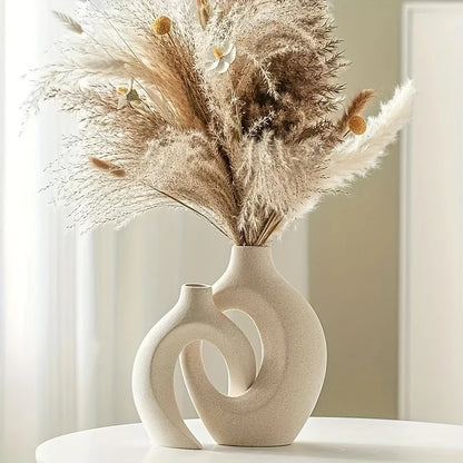 Set of 2 Nordic Hollow Ceramic Vases – Modern Boho Flower Vases for Living Room & Bookshelf Decor
