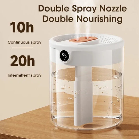 2L USB Double Spray Humidifier – Large Capacity Cool Mist with Night Light & Digital Display for Home & Office
