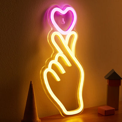 LED Neon Hand & Heart Sign – USB Powered Wall Light for Bedroom, Game Room & Living Room Decor