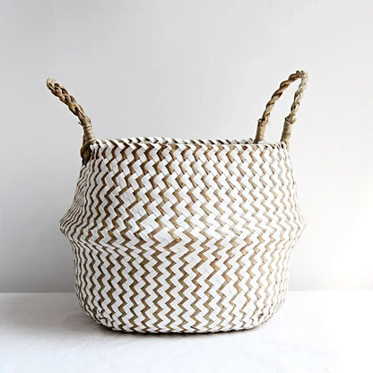 Boho Striped Wicker Storage Basket – Handmade Collapsible Seaweed Belly Basket for Laundry, Plants & Home Decor