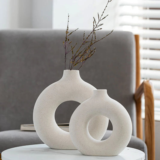 Nordic Hollow Donut Ceramic Vase – Modern Circular Flower Pot for Home & Office Decor