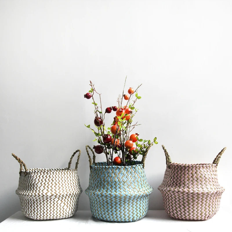 Boho Striped Wicker Storage Basket – Handmade Collapsible Seaweed Belly Basket for Laundry, Plants & Home Decor