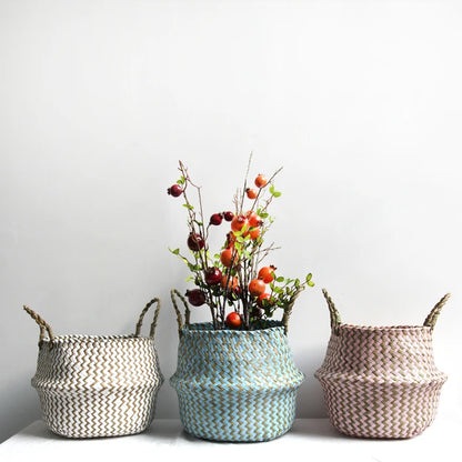 Boho Striped Wicker Storage Basket – Handmade Collapsible Seaweed Belly Basket for Laundry, Plants & Home Decor
