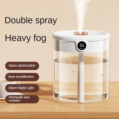 2L USB Double Spray Humidifier – Large Capacity Cool Mist with Night Light & Digital Display for Home & Office